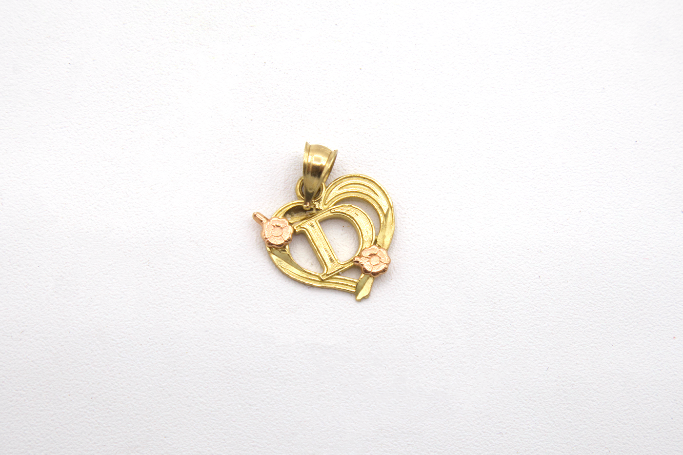 10K Solid Rose Gold Heart Initial Charm with Rose Gold Flower