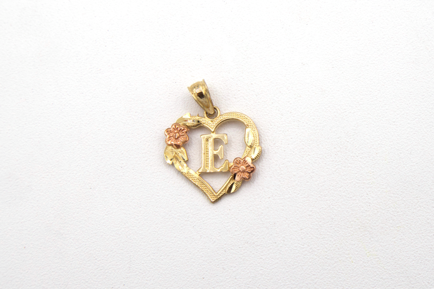 10K Solid Rose Gold Heart Initial Charm with Rose Gold Flower
