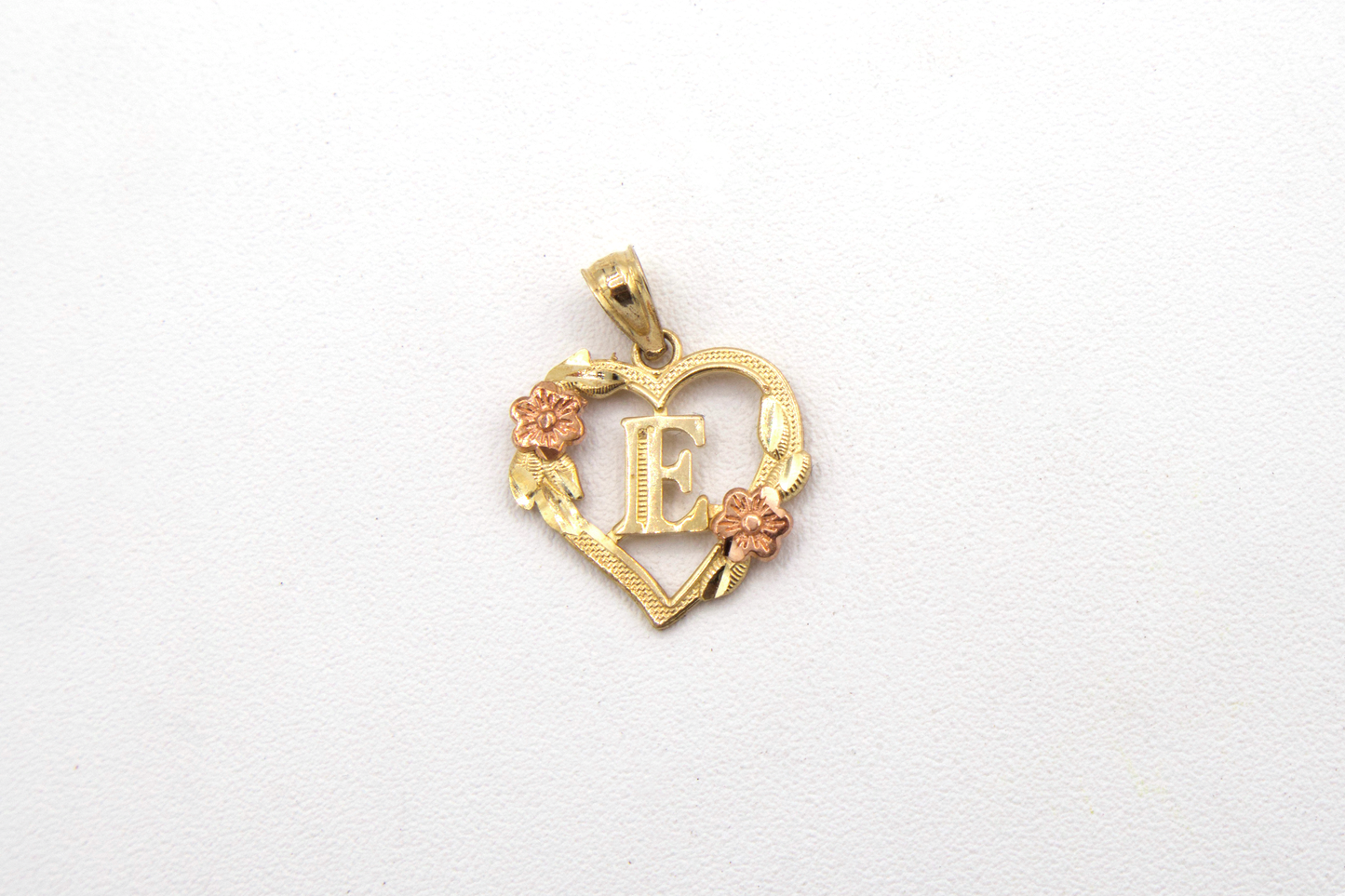 Initial Letters with Rose Gold Flower on heart shape Charm 10K Pure Yellow Gold - STF DIAMONDS