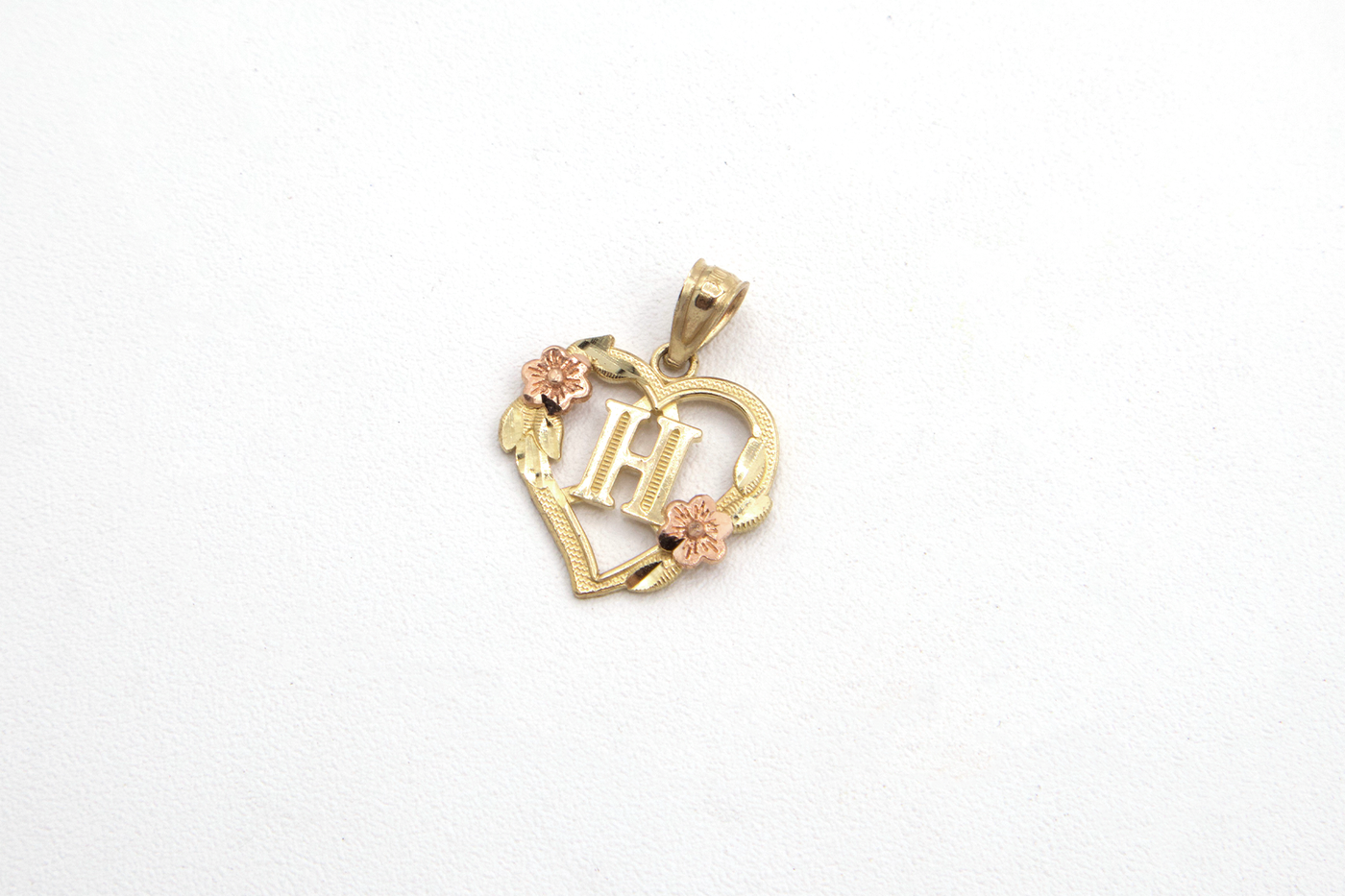 10K Solid Rose Gold Heart Initial Charm with Rose Gold Flower
