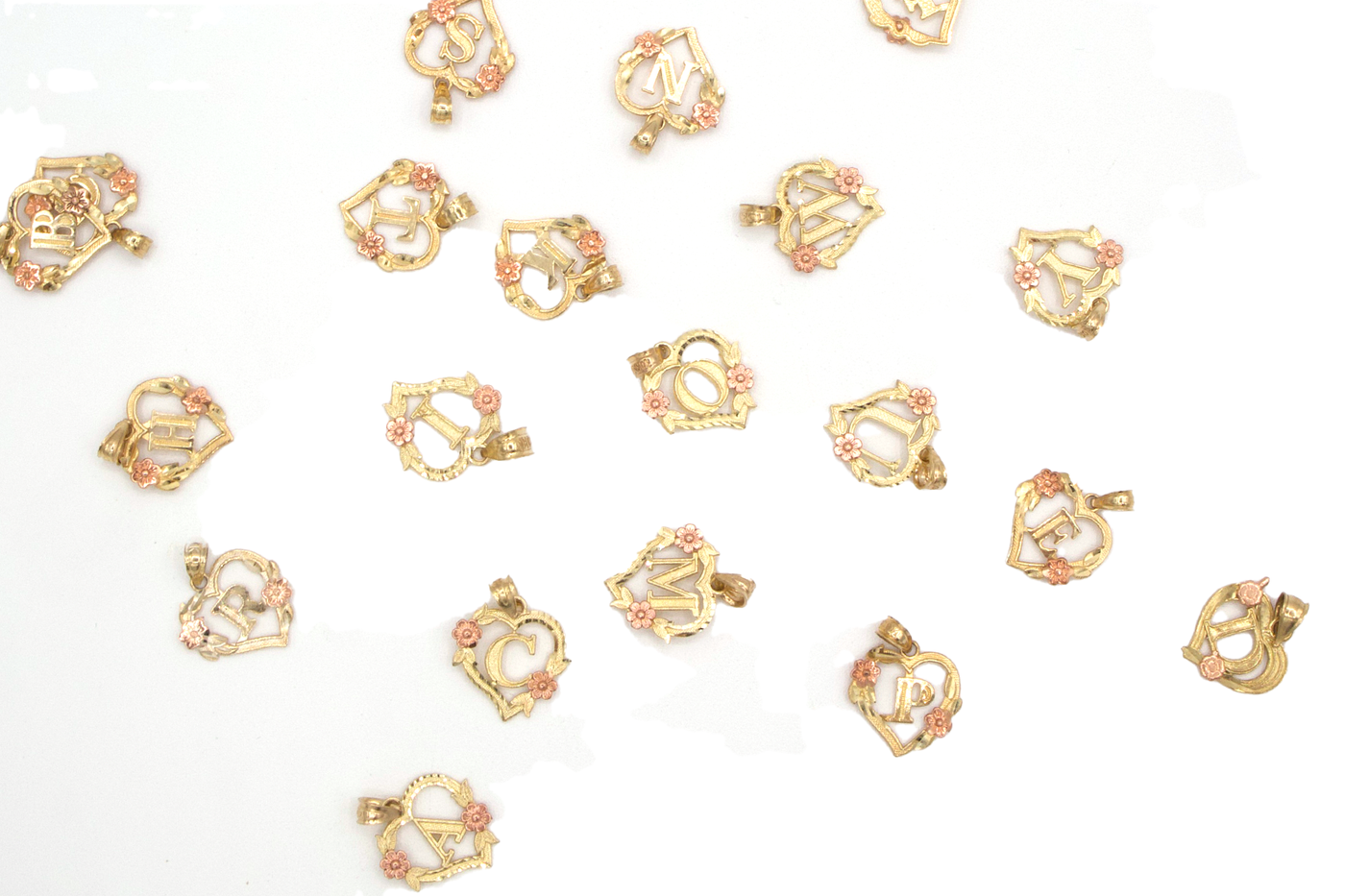 10K Solid Rose Gold Heart Initial Charm with Rose Gold Flower