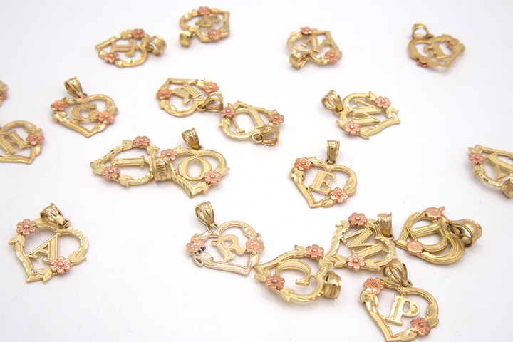 10K Solid Rose Gold Heart Initial Charm with Rose Gold Flower