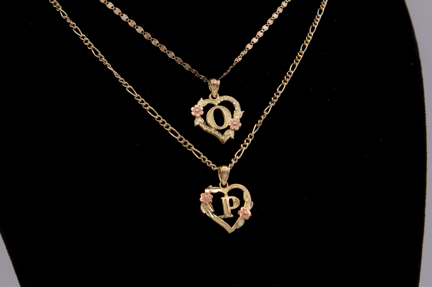 10K Solid Rose Gold Heart Initial Charm with Rose Gold Flower