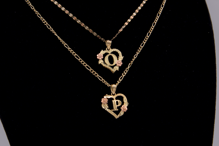 10K Solid Rose Gold Heart Initial Charm with Rose Gold Flower