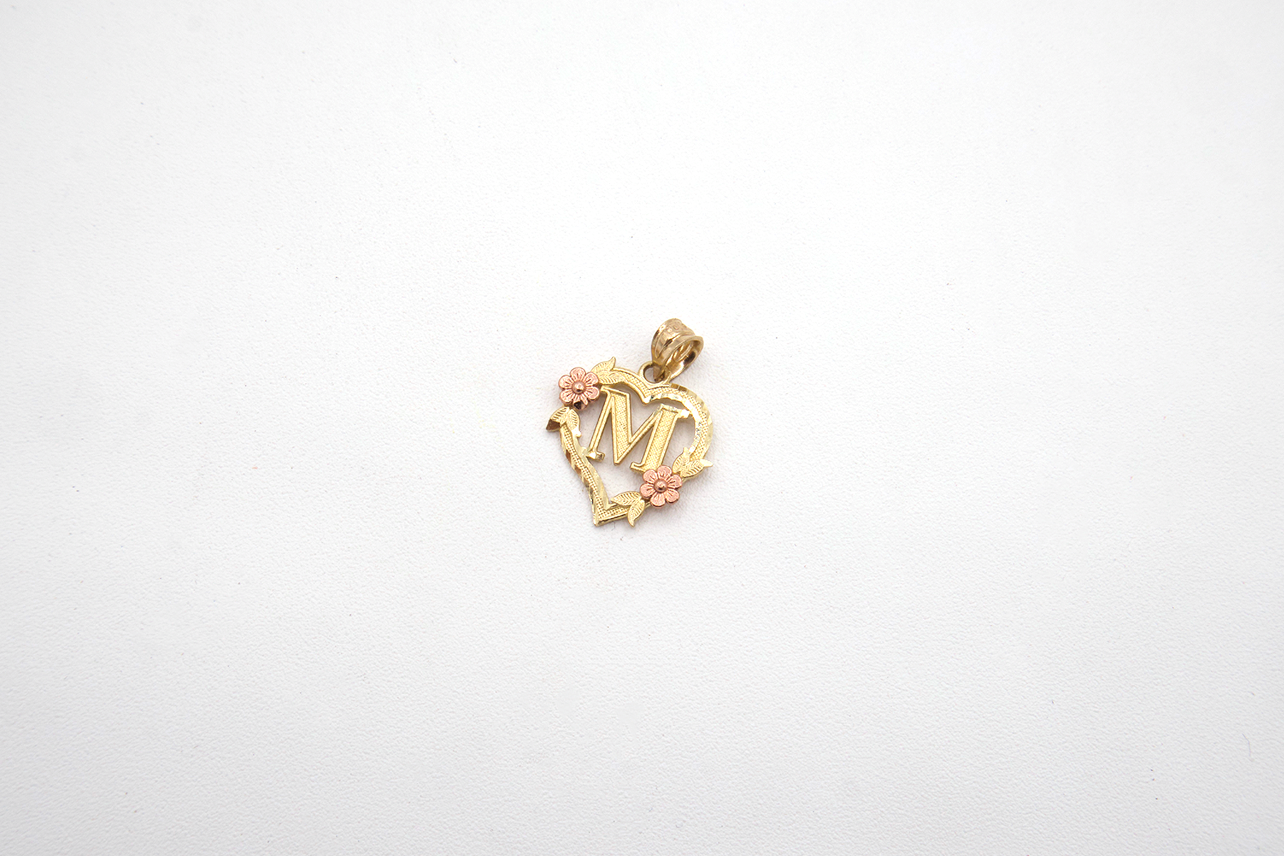 Initial Letters with Rose Gold Flower on heart shape Charm 10K Pure Yellow Gold - STF DIAMONDS