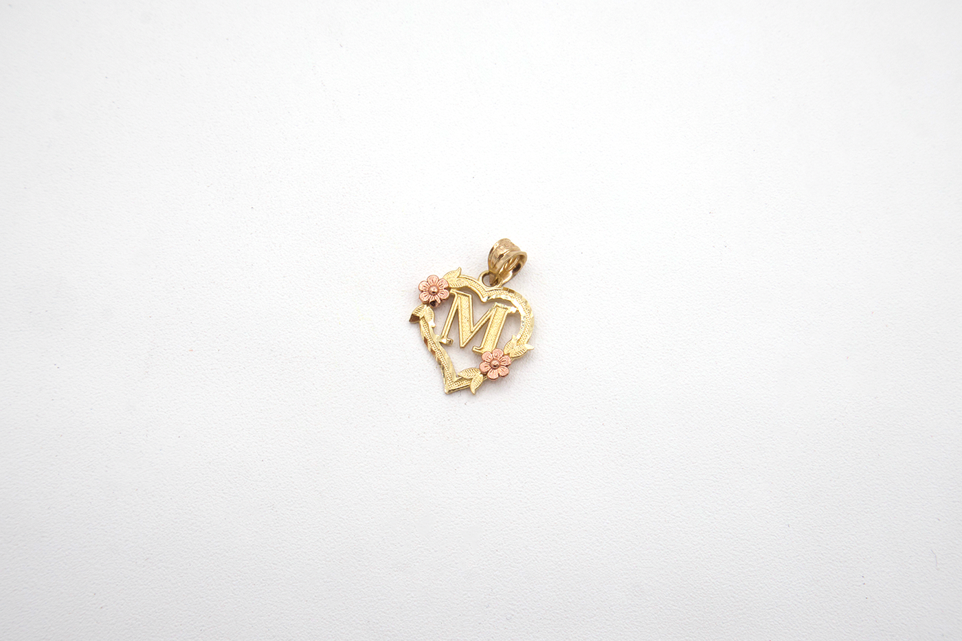 10K Solid Rose Gold Heart Initial Charm with Rose Gold Flower