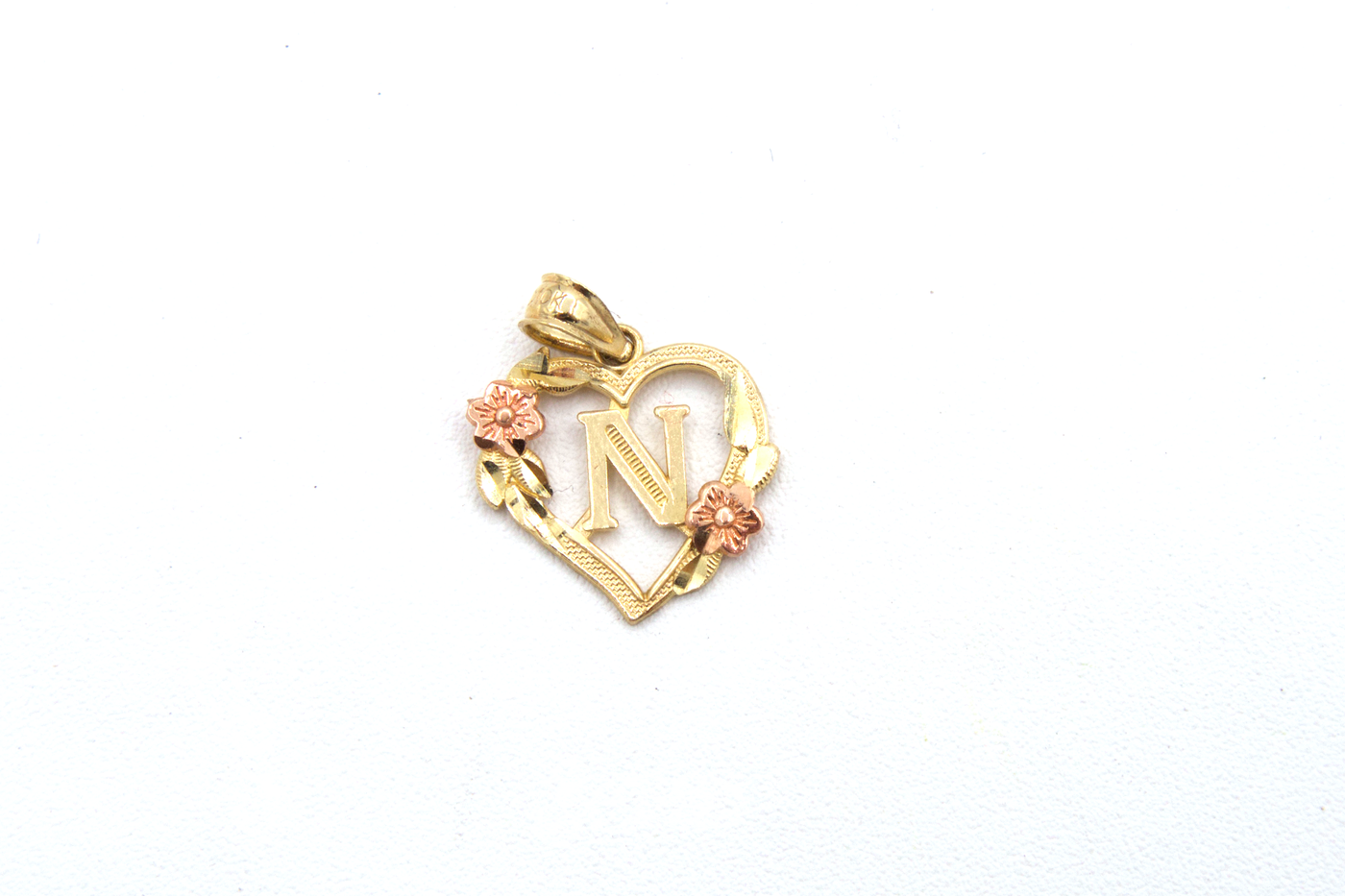 10K Solid Rose Gold Heart Initial Charm with Rose Gold Flower