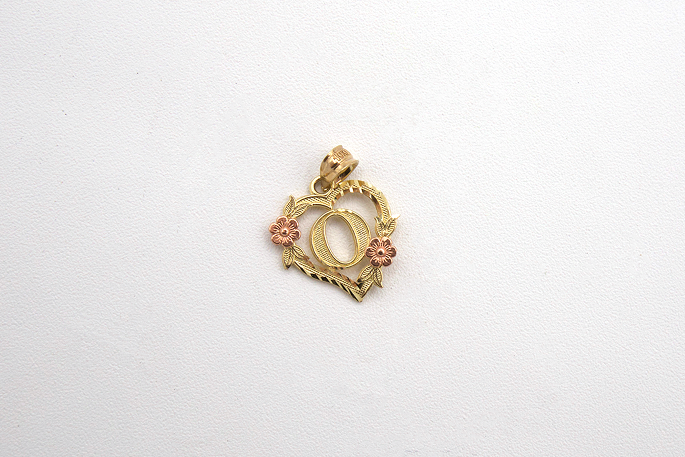 10K Solid Rose Gold Heart Initial Charm with Rose Gold Flower