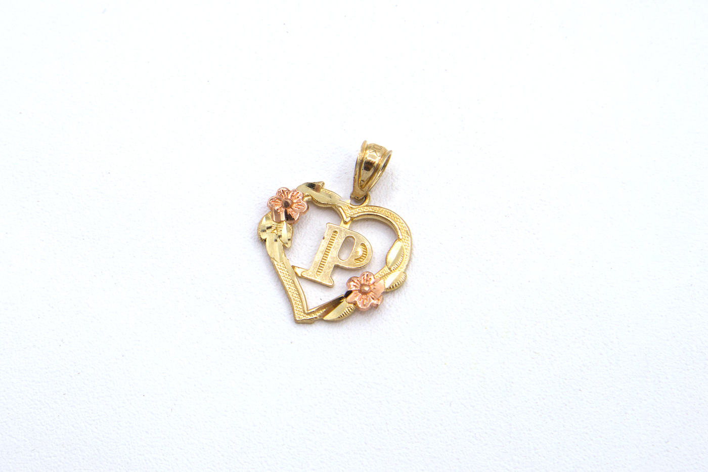 10K Solid Rose Gold Heart Initial Charm with Rose Gold Flower