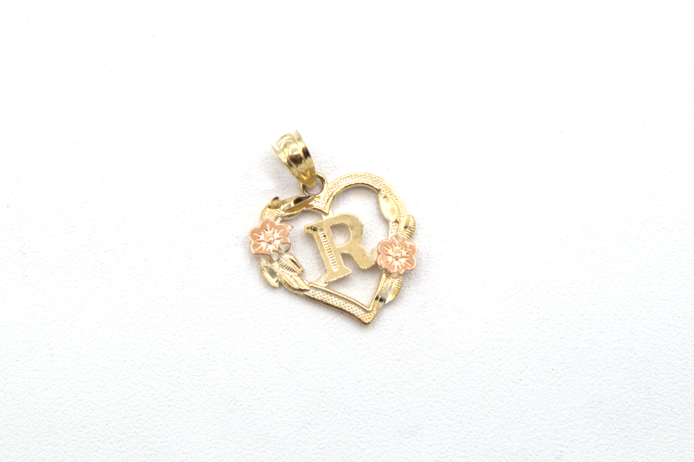 10K Solid Rose Gold Heart Initial Charm with Rose Gold Flower