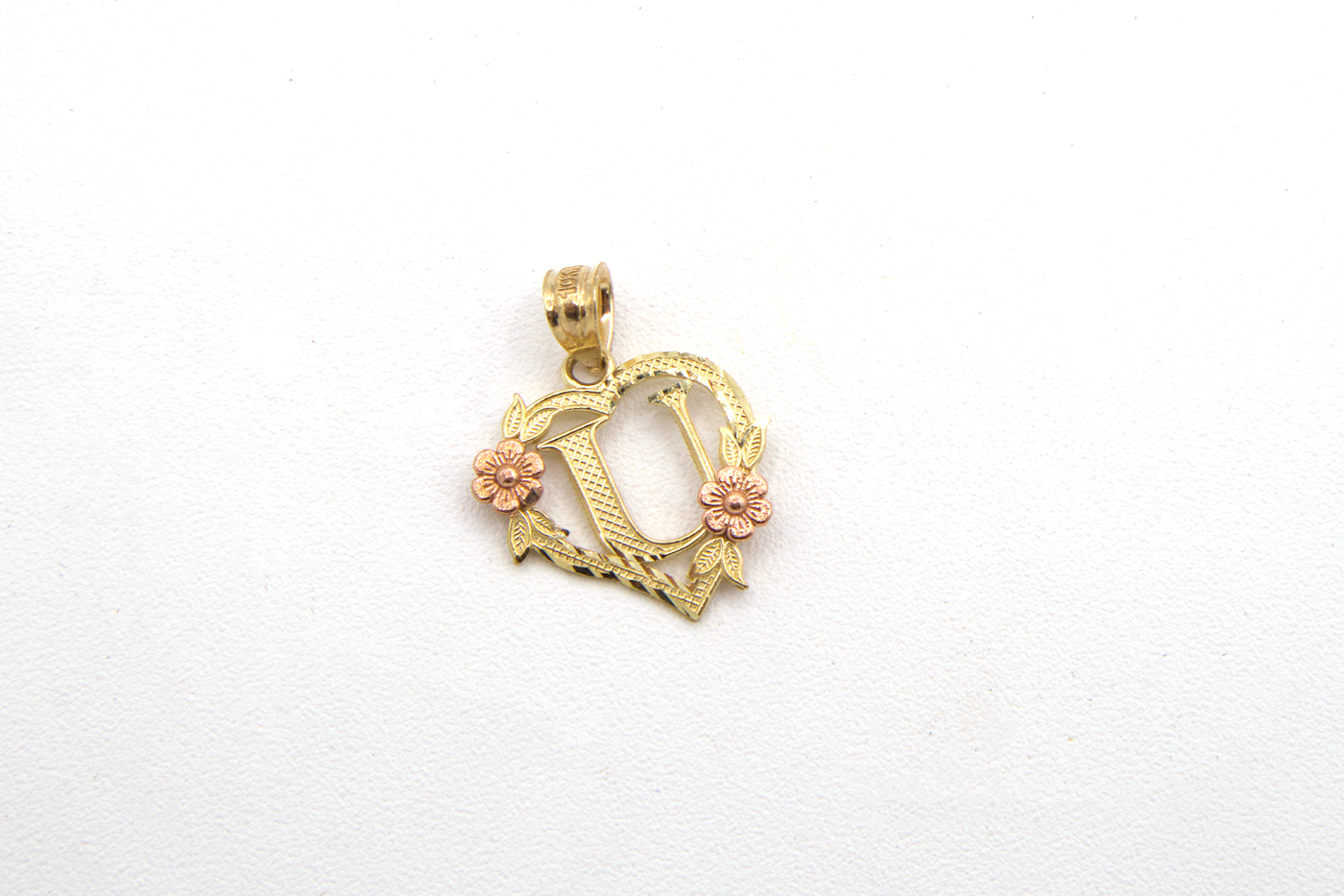 10K Solid Rose Gold Heart Initial Charm with Rose Gold Flower