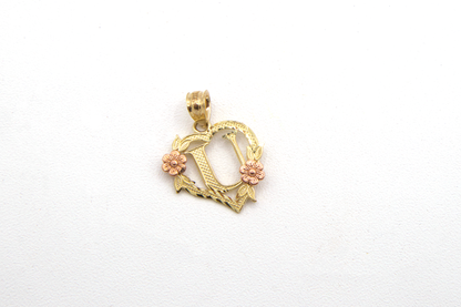 Initial Letters with Rose Gold Flower on heart shape Charm 10K Pure Yellow Gold - STF DIAMONDS