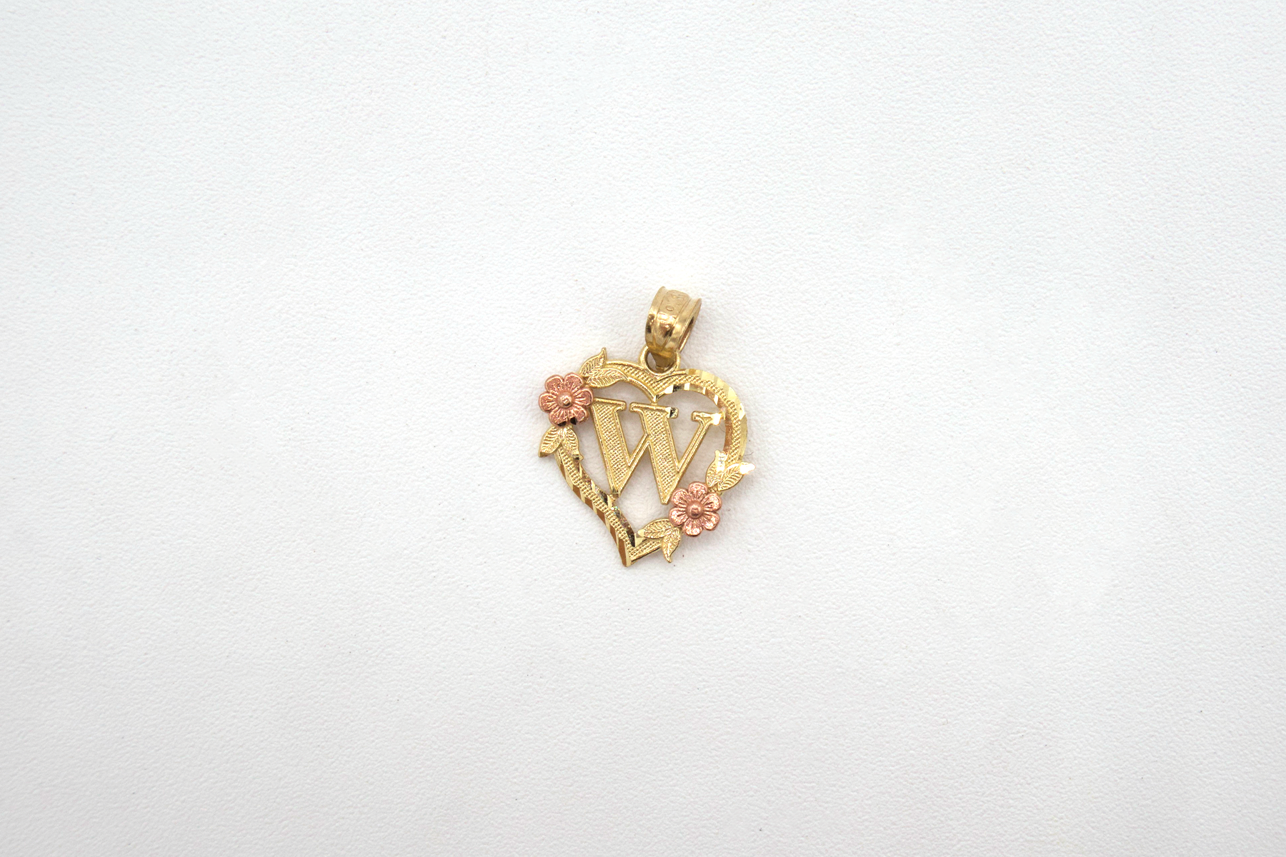 Initial Letters with Rose Gold Flower on heart shape Charm 10K Pure Yellow Gold - STF DIAMONDS