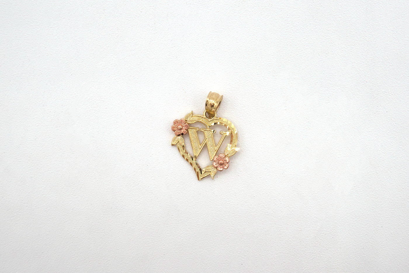 10K Solid Rose Gold Heart Initial Charm with Rose Gold Flower