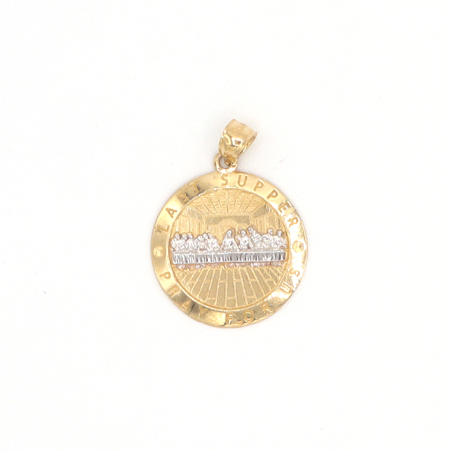 10K Solid Two-Tone Gold Diamond-Cut Jesus Last Supper Round Pendant