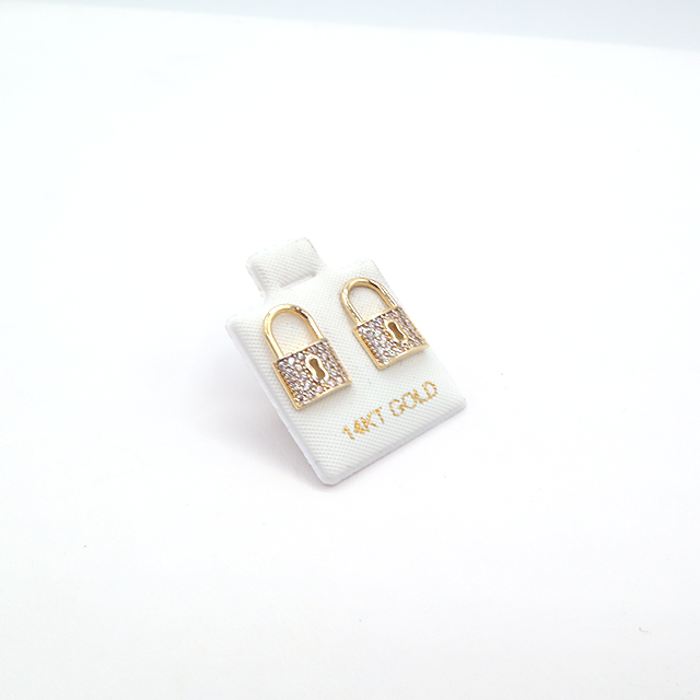 14K Solid Yellow Gold Lock CZ Stud Earrings