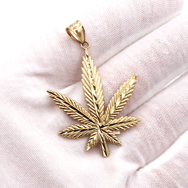 10K Solid Yellow Gold Marijuana Leaf 420 Pendant
