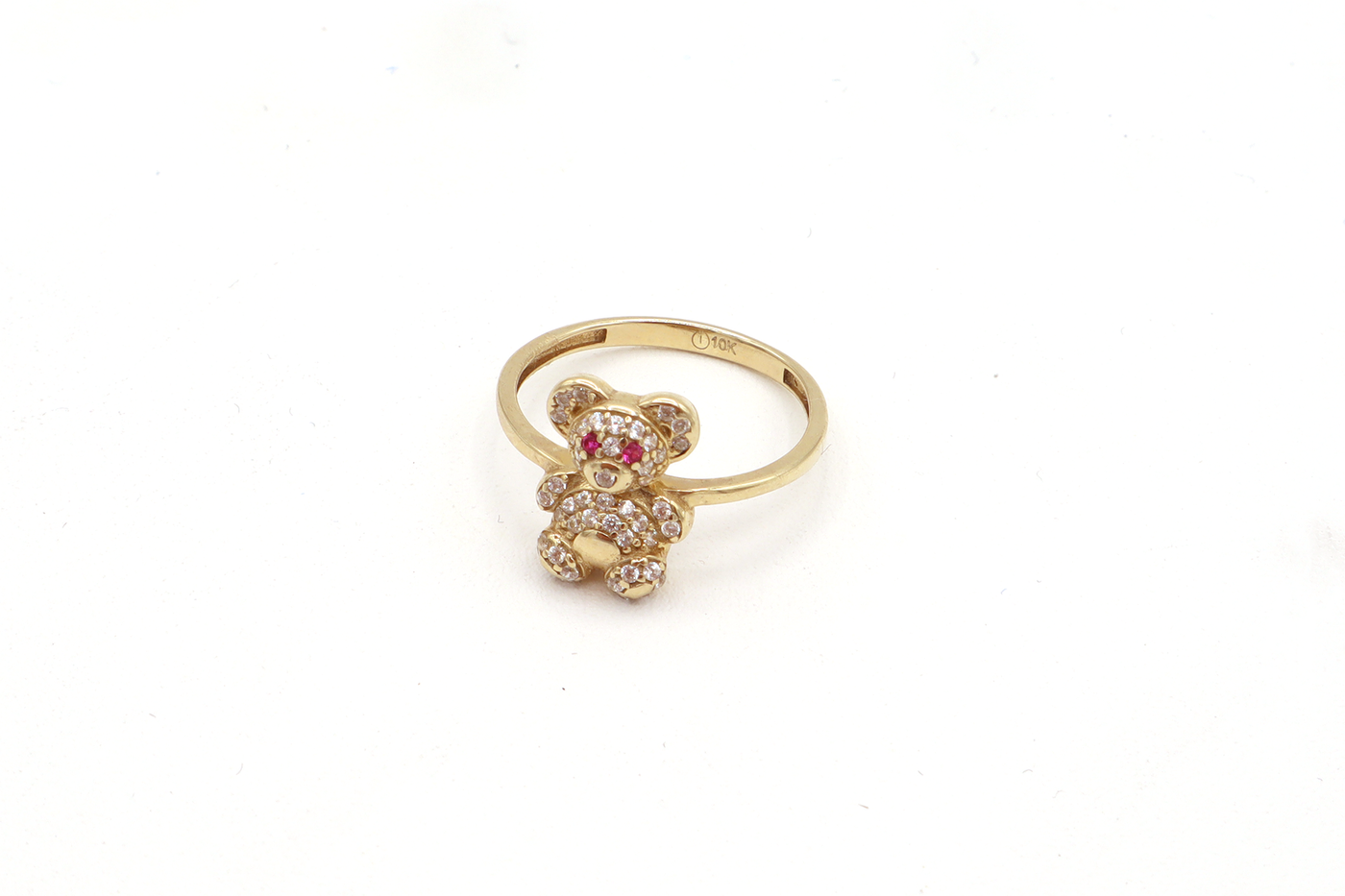 10K Solid Yellow Gold Mini Bear CZ Ring (Red Stone Eyes)