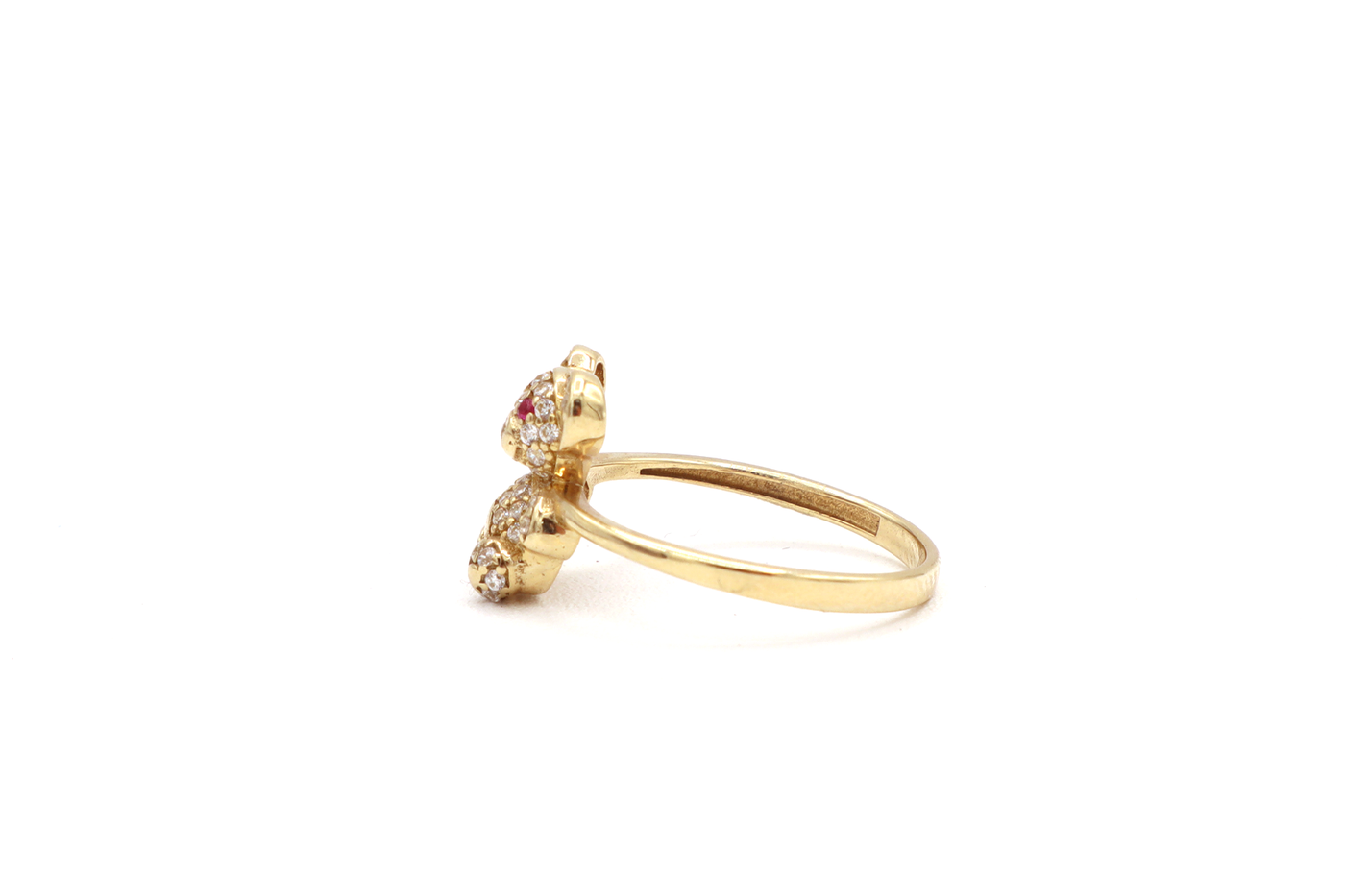 10K Solid Yellow Gold Mini Bear CZ Ring (Red Stone Eyes)