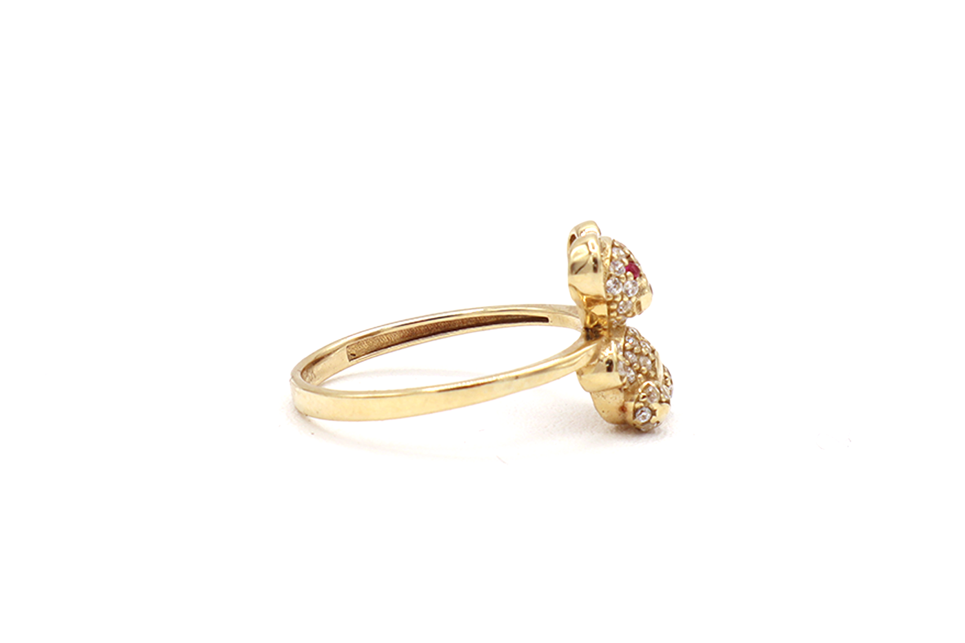 10K Solid Yellow Gold Mini Bear CZ Ring (Red Stone Eyes)