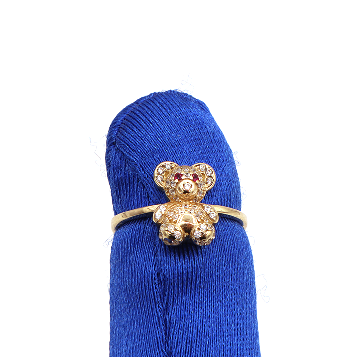 10K Solid Yellow Gold Mini Bear CZ Ring (Red Stone Eyes)