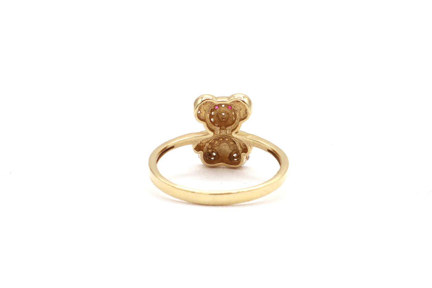10K Solid Yellow Gold Mini Bear CZ Ring (Red Stone Eyes)