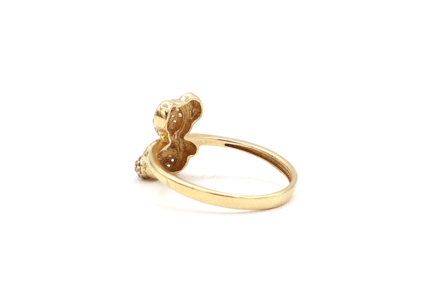 10K Solid Yellow Gold Mini Bear CZ Ring (Red Stone Eyes)