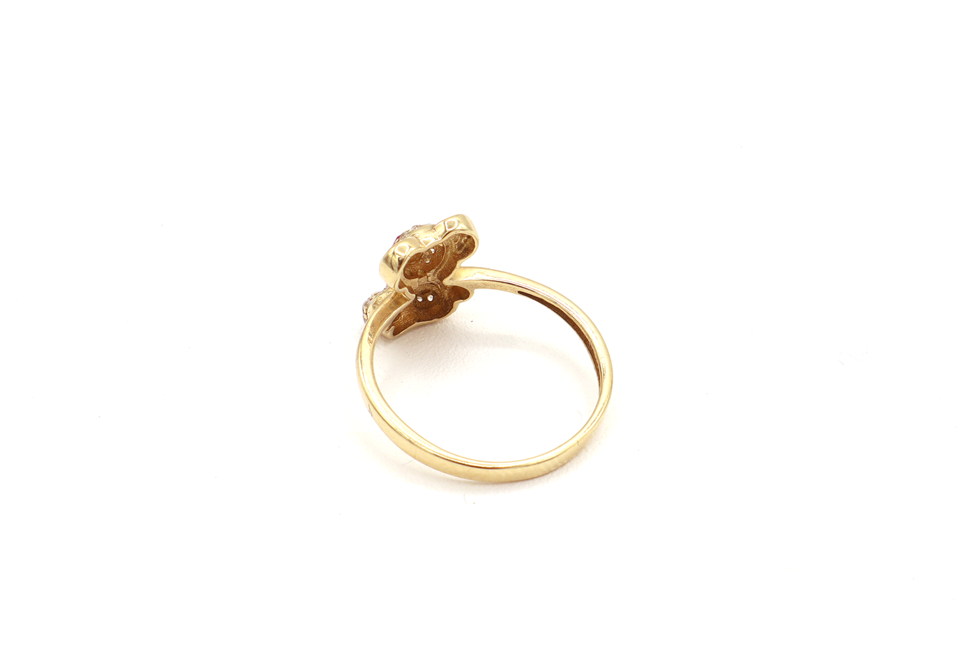 10K Solid Yellow Gold Mini Bear CZ Ring (Red Stone Eyes)