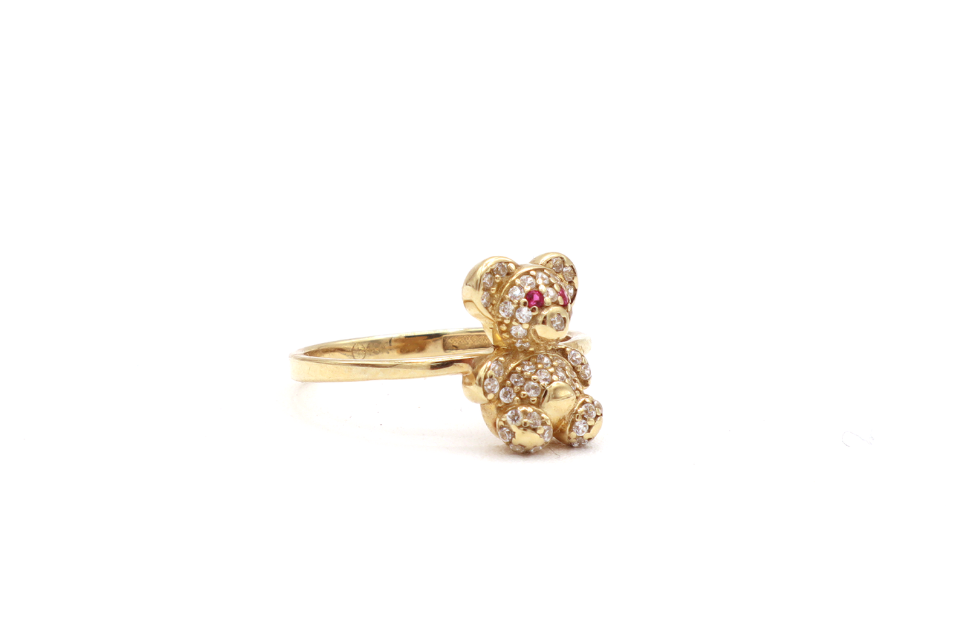 10K Solid Yellow Gold Mini Bear CZ Ring (Red Stone Eyes)