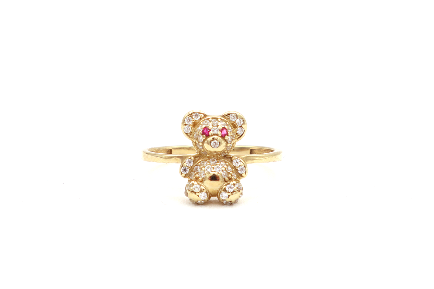 10K Solid Yellow Gold Mini Bear CZ Ring (Red Stone Eyes)