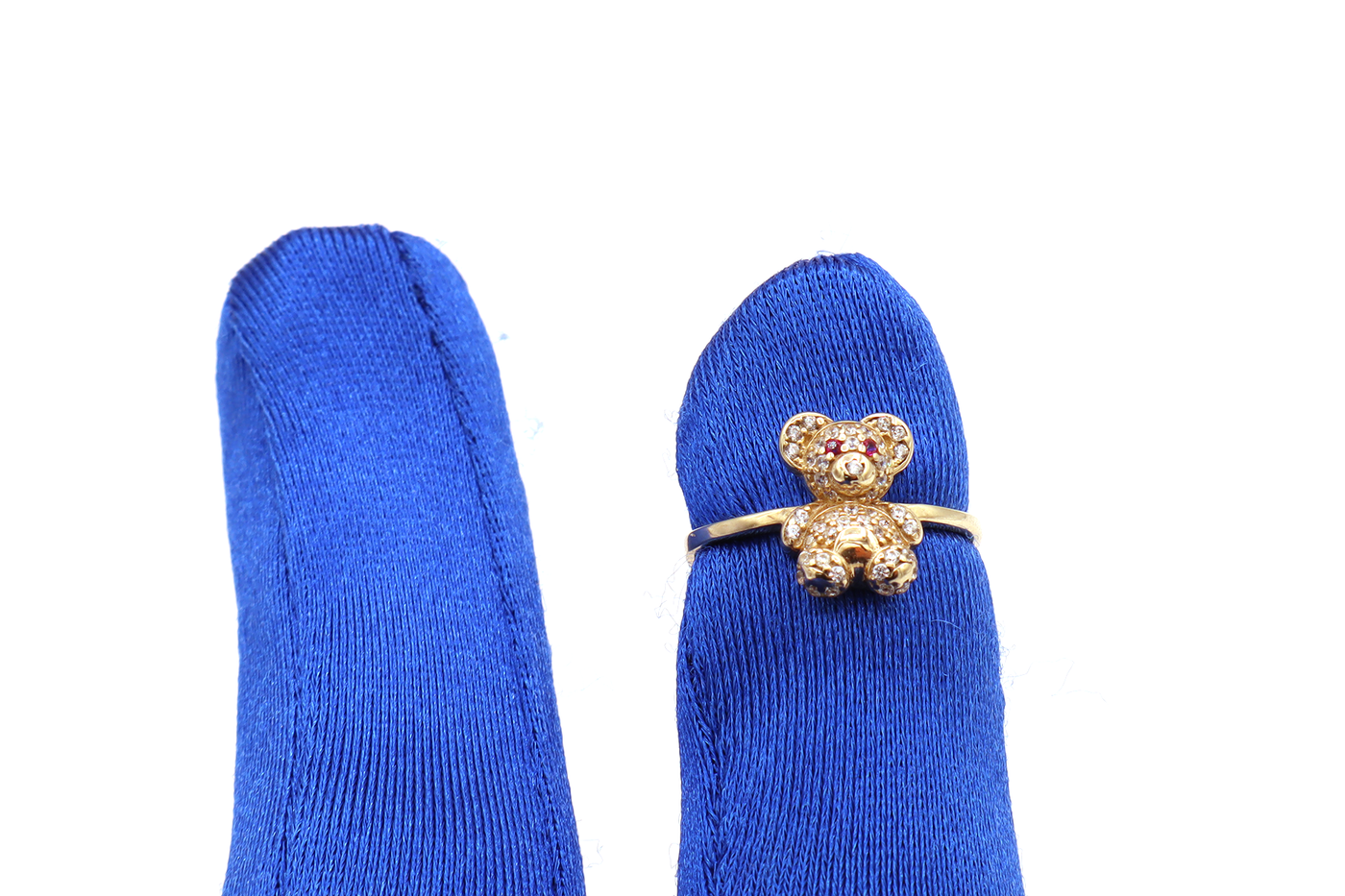 10K Solid Yellow Gold Mini Bear CZ Ring (Red Stone Eyes)