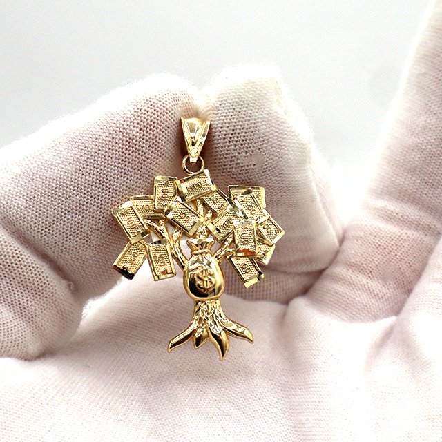 10K Solid Yellow Gold Money Tree $100 Bill Pendant