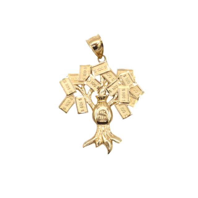 10K Solid Yellow Gold Money Tree $100 Bill Pendant