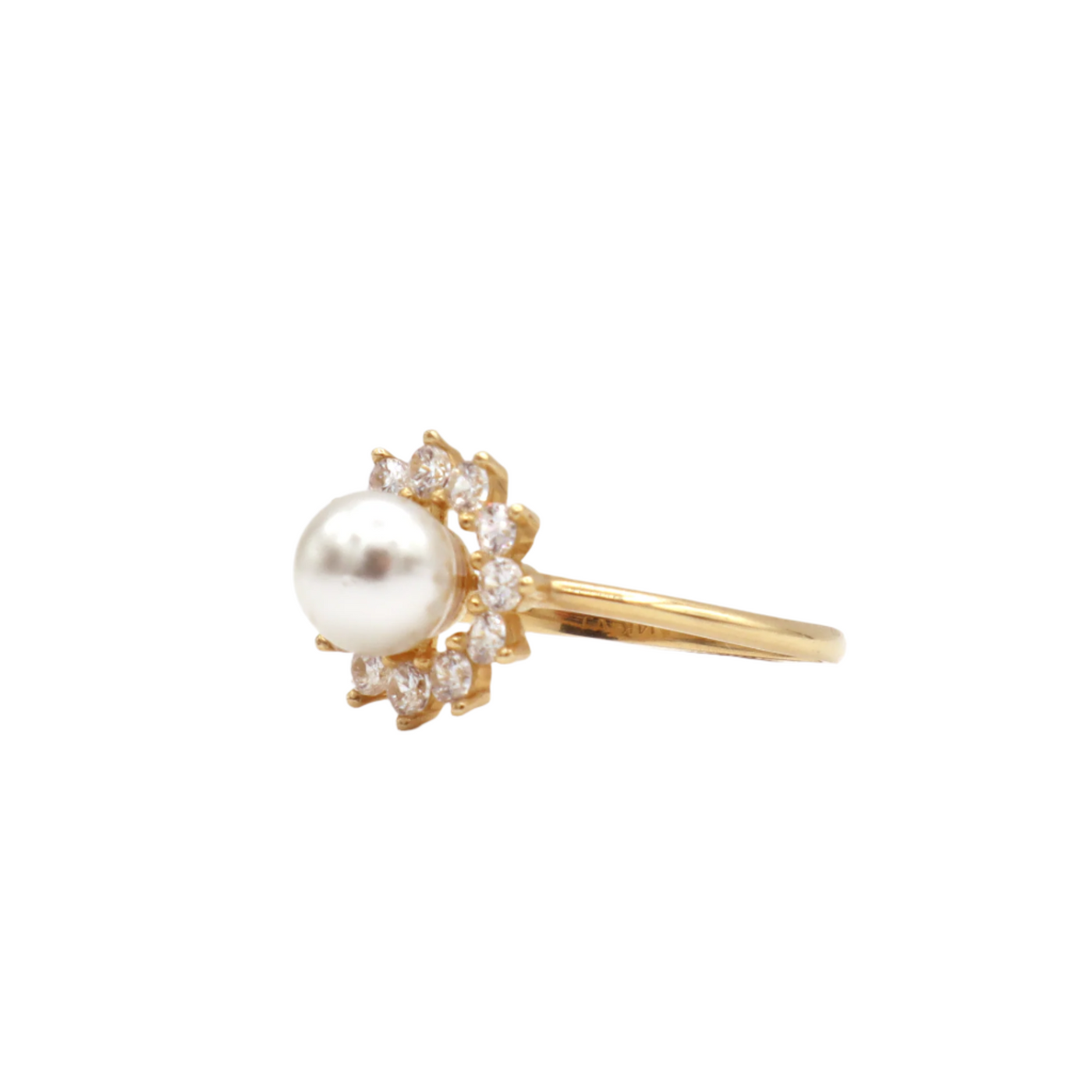 10K Solid Yellow Gold Pearl & CZ Flower Statement Ring