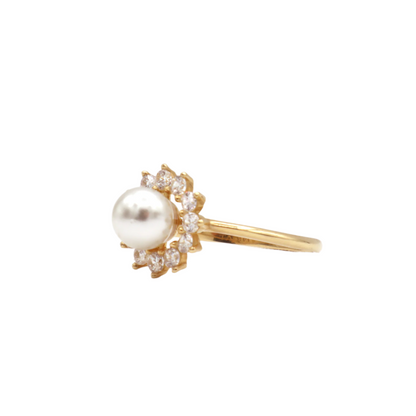 Pearl CZ Flower Women's Statement Ring-10K Yellow Gold-CZ Cubic Zirconia | STF DIAMONDS JEWELRY