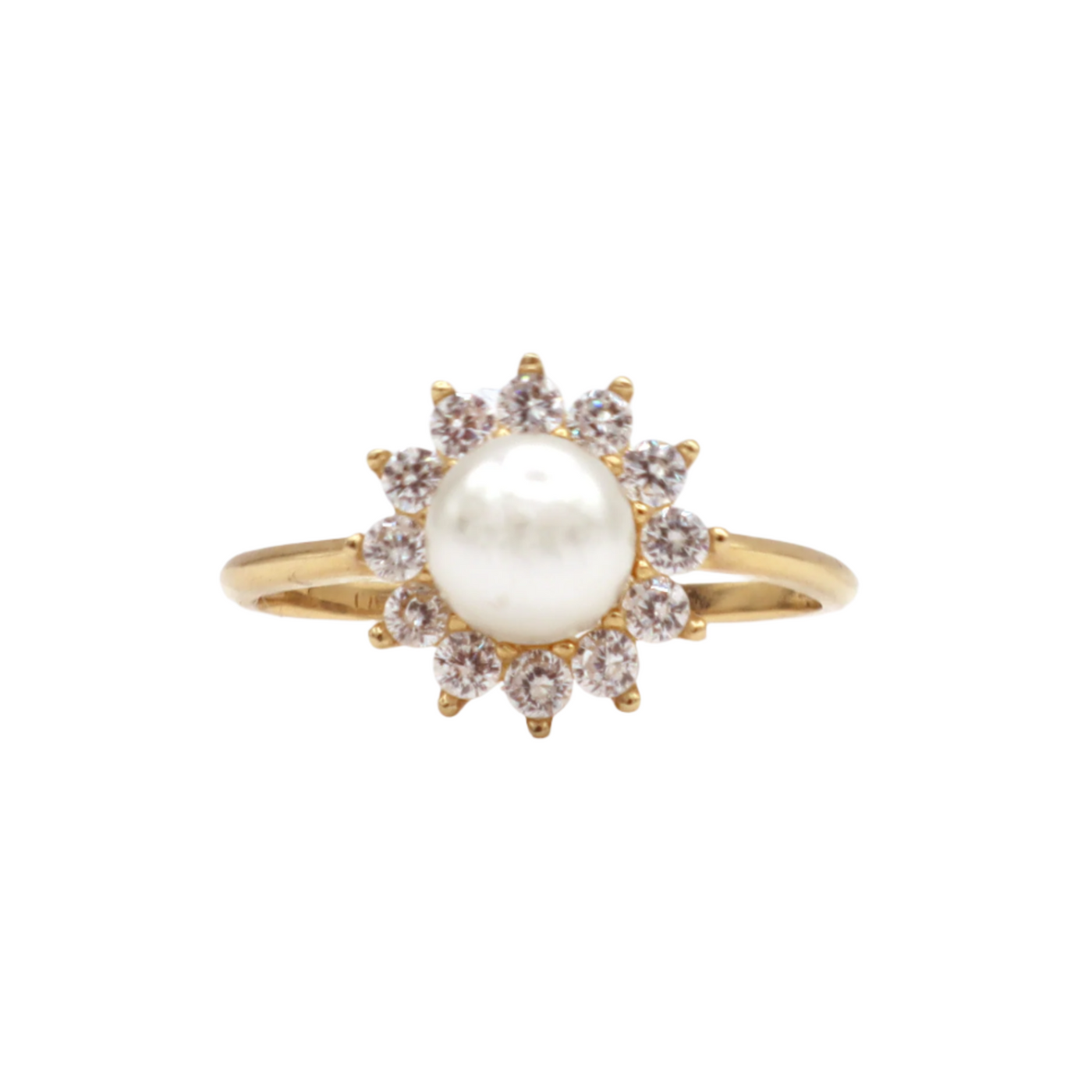10K Solid Yellow Gold Pearl & CZ Flower Statement Ring