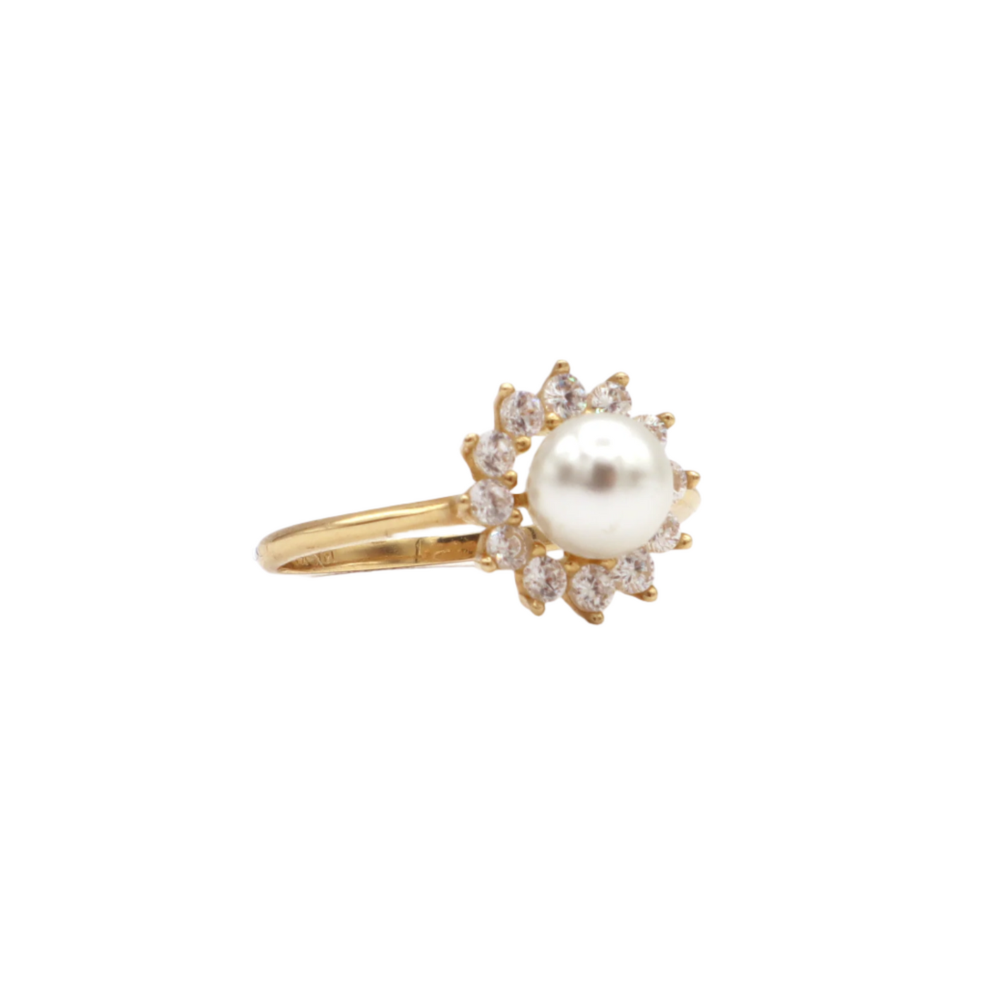 10K Solid Yellow Gold Pearl & CZ Flower Statement Ring