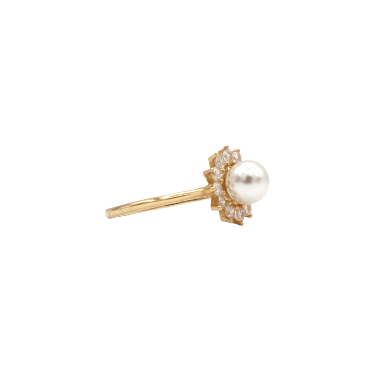 10K Solid Yellow Gold Pearl & CZ Flower Statement Ring