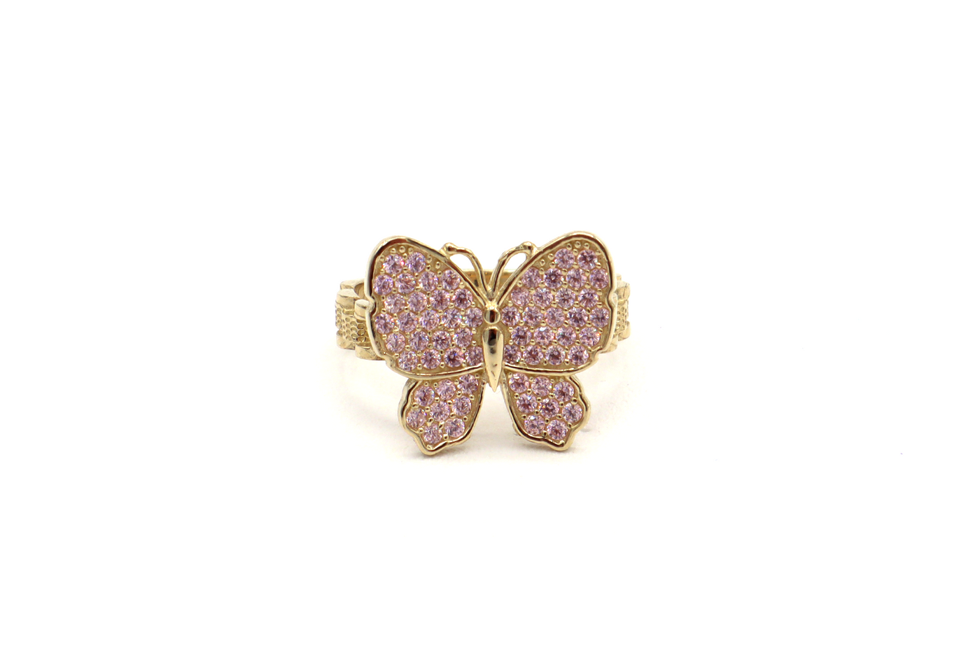 10K Solid Yellow Gold Butterfly Rolly Band Ring (Pink & White CZ)