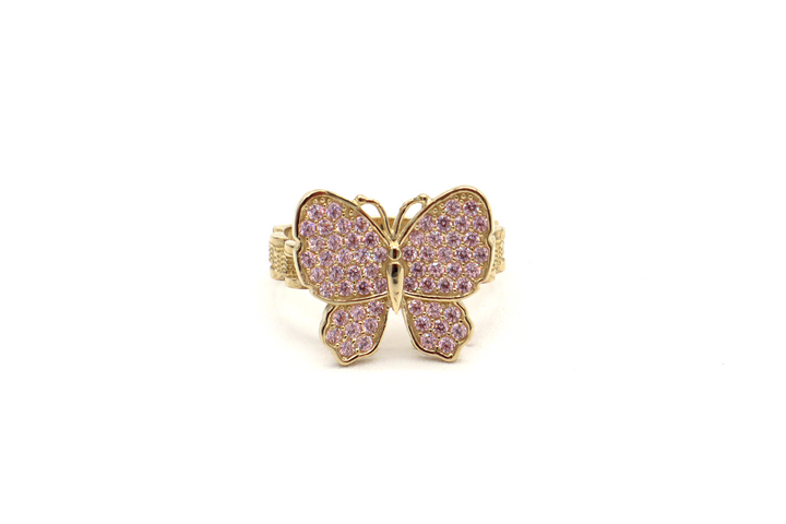 10K Solid Yellow Gold Butterfly Rolly Band Ring (Pink & White CZ)