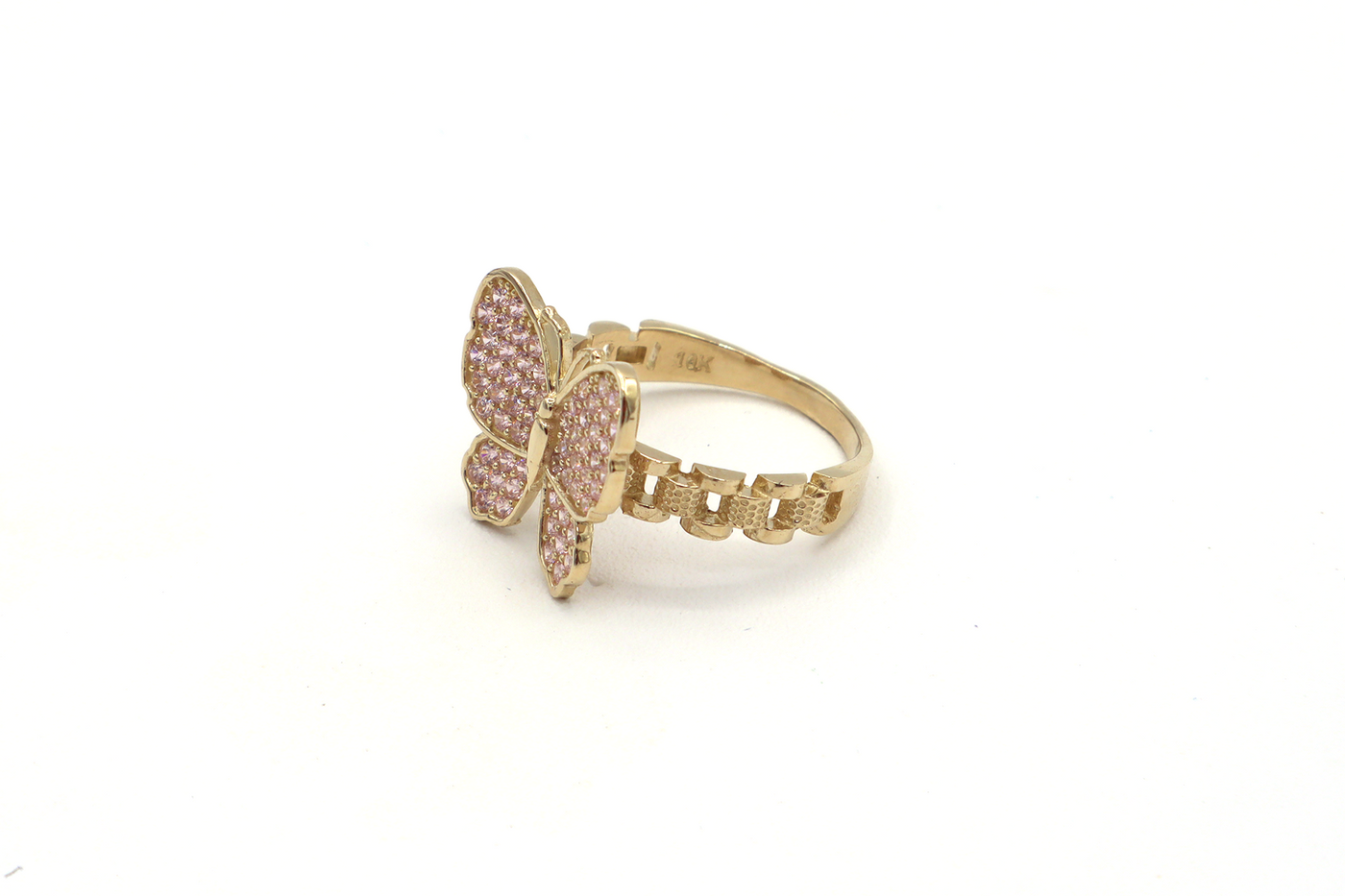 10K Solid Yellow Gold Butterfly Rolly Band Ring (Pink & White CZ)