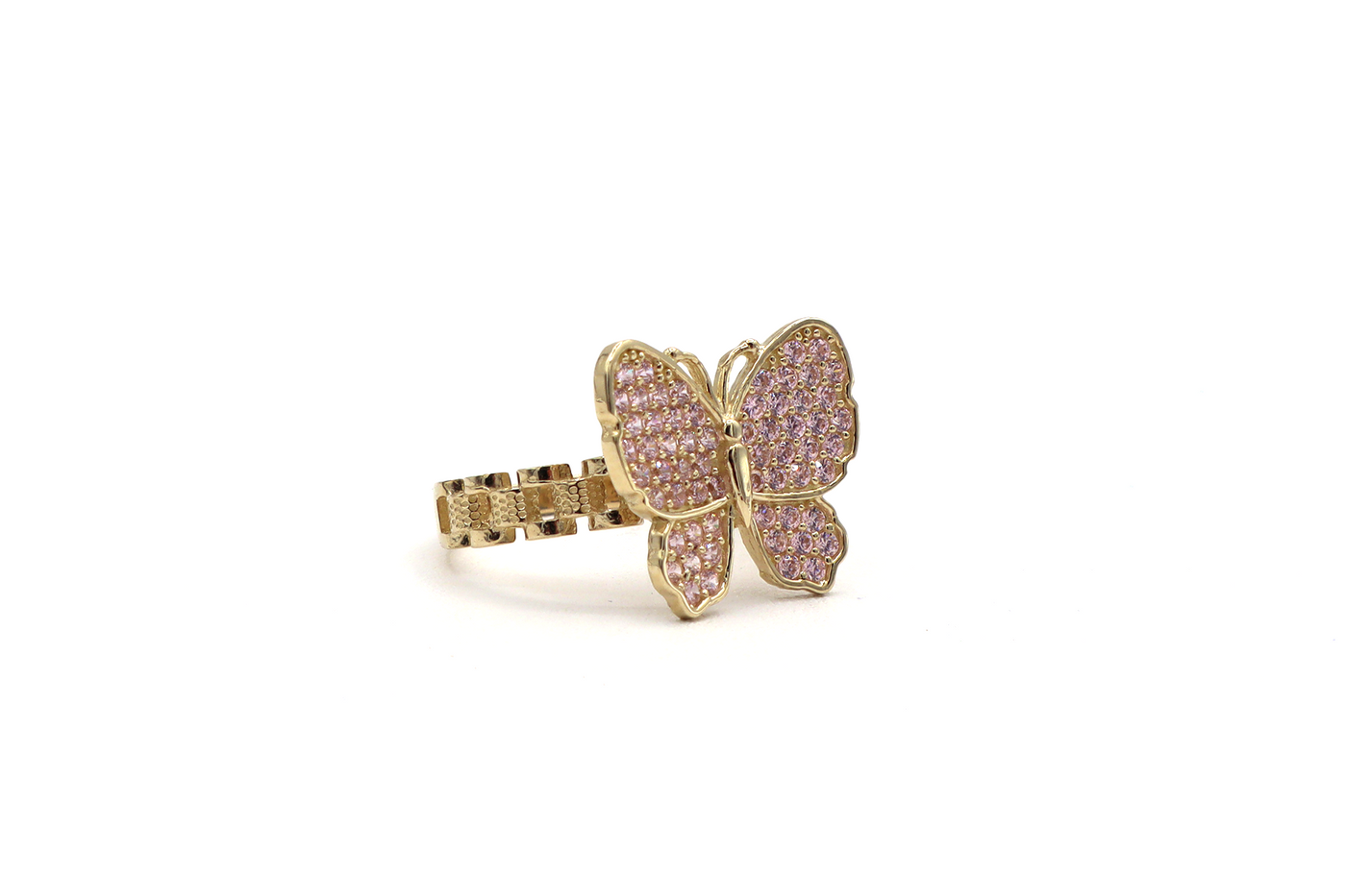 10K Solid Yellow Gold Butterfly Rolly Band Ring (Pink & White CZ)