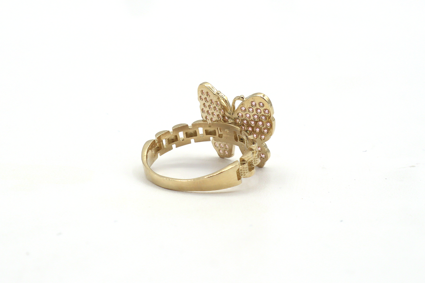 10K Solid Yellow Gold Butterfly Rolly Band Ring (Pink & White CZ)