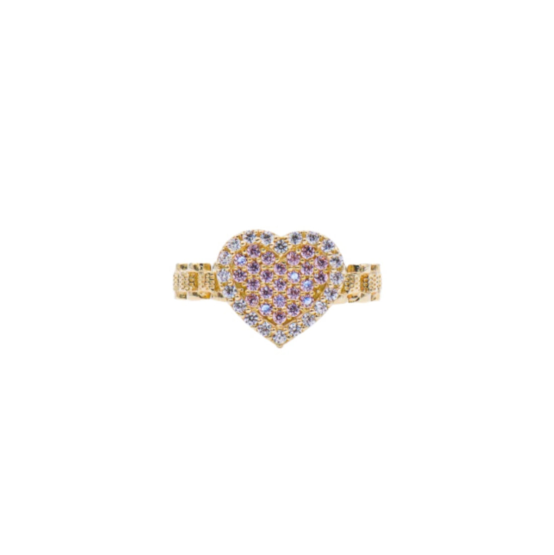 10K Solid Yellow Gold Pink Heart Rolly Band CZ Ring