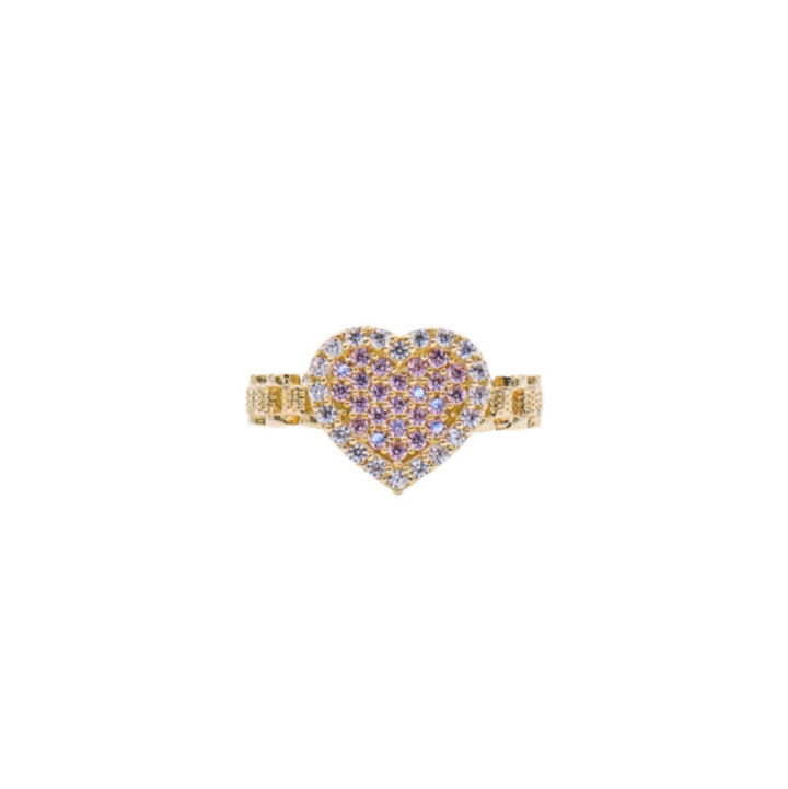 10K Solid Yellow Gold Pink Heart Rolly Band CZ Ring