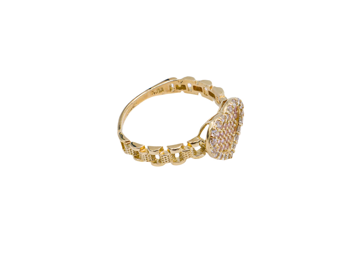 10K Solid Yellow Gold Pink Heart Rolly Band CZ Ring