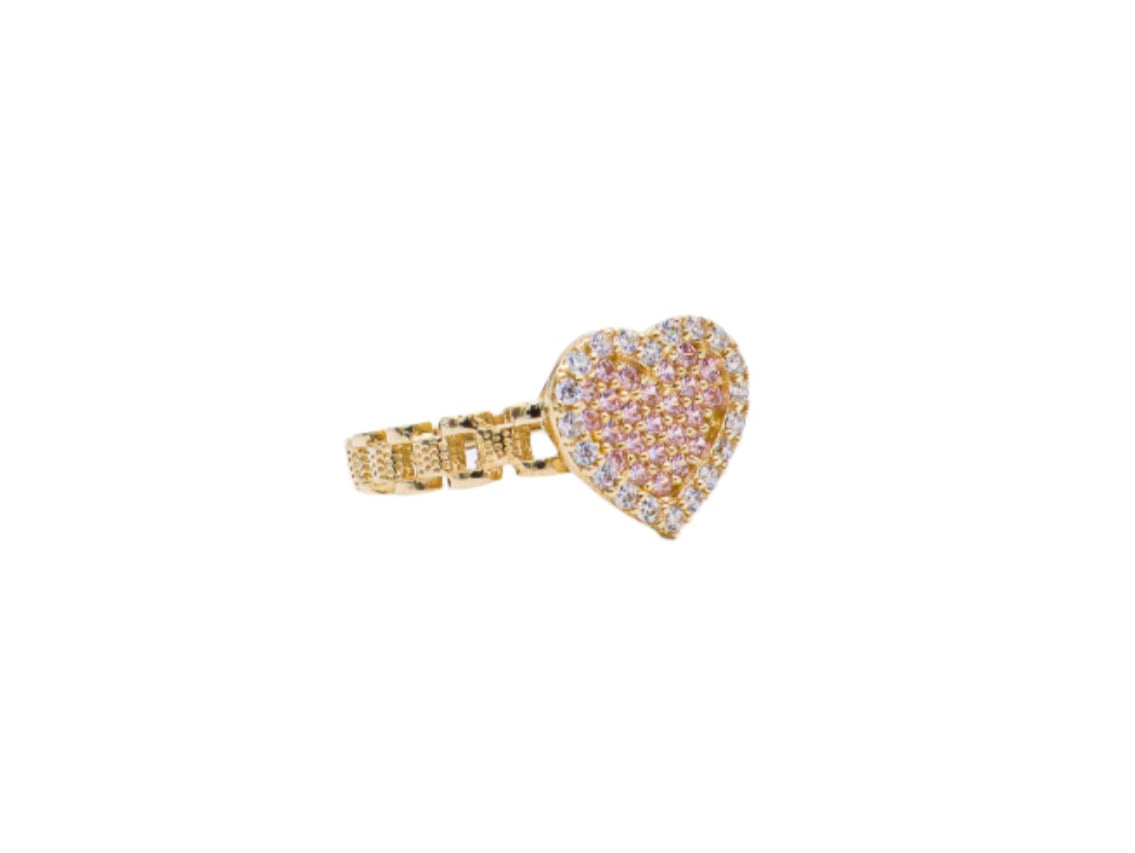 10K Solid Yellow Gold Pink Heart Rolly Band CZ Ring