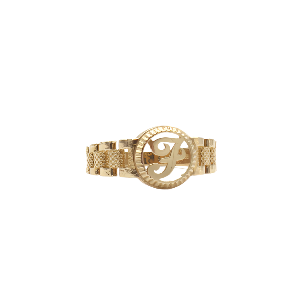 10K Solid Yellow Gold Round Cursive Initial Ring
