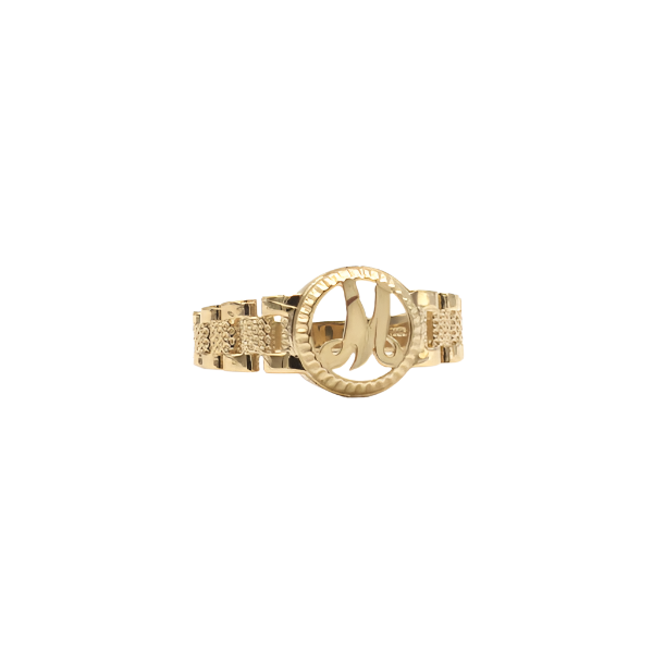 10K Solid Yellow Gold Round Cursive Initial Ring