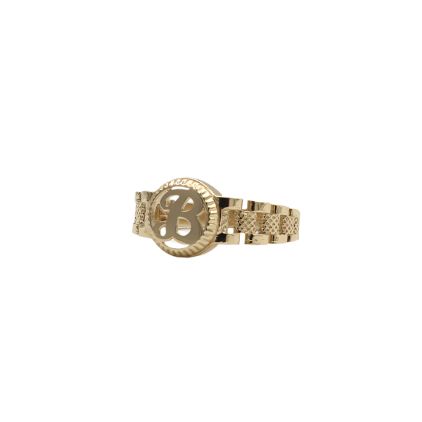 10K Solid Yellow Gold Round Cursive Initial Ring